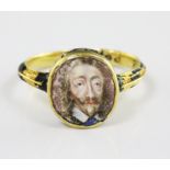 A rare mid 17th century enamelled gold oval memorial ring for Charles I (1600-1649), with painted