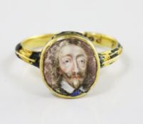 A rare mid 17th century enamelled gold oval memorial ring for Charles I (1600-1649), with painted