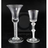 Two airtwist stem drinking glasses, c.1740-50, the wine glass with trumpet bowl and folded foot