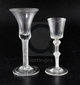 Two airtwist stem drinking glasses, c.1740-50, the wine glass with trumpet bowl and folded foot