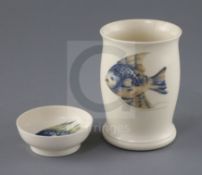 A Moorcroft 'fish' beaker vase and a similar small dish, 1930's, both with impressed marks W.