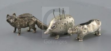 An Edwardian novelty silver pin cushion, modelled as a rhinoceros, Levi & Salaman, Birmingham, 1908,