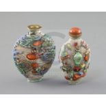 Two Chinese enamelled and moulded porcelain snuff bottles, Jiaqing porcelain four character marks