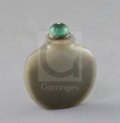 A Chinese grey jade snuff bottle, 19th century, of flask form, well hollowed, the stone of even