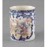 A Chinese export famille rose mug, Qianlong period, finely painted with figures on a veranda, within