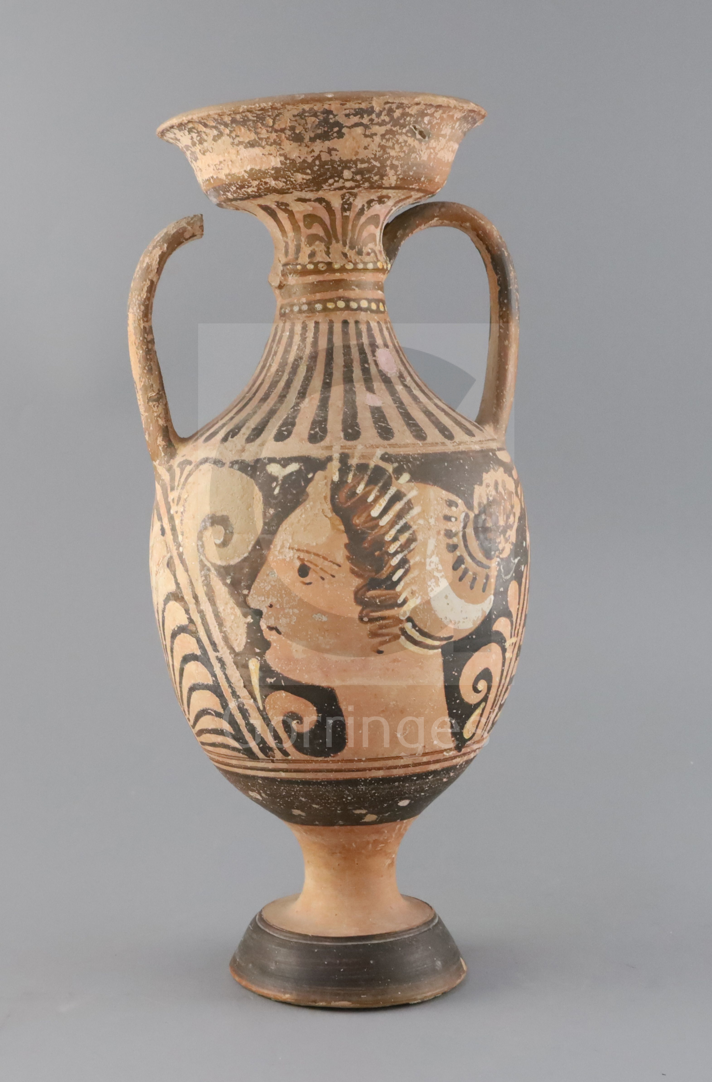 An Apulian red-figure pottery amphora, Southern Italy, 4th century B.C., part of one handle lacking