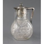 A late Victorian silver mounted cut glass claret jug, Z. Barraclough & Sons, of bulbous for,