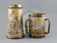 Barlow family. A Doulton Lambeth three handled stoneware tyg and a similar jug, the Hannah Barlow