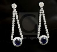 A pair of 18ct white gold, sapphire and diamond cluster drop earrings, 37mm.