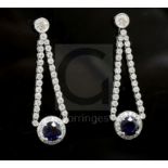 A pair of 18ct white gold, sapphire and diamond cluster drop earrings, 37mm.