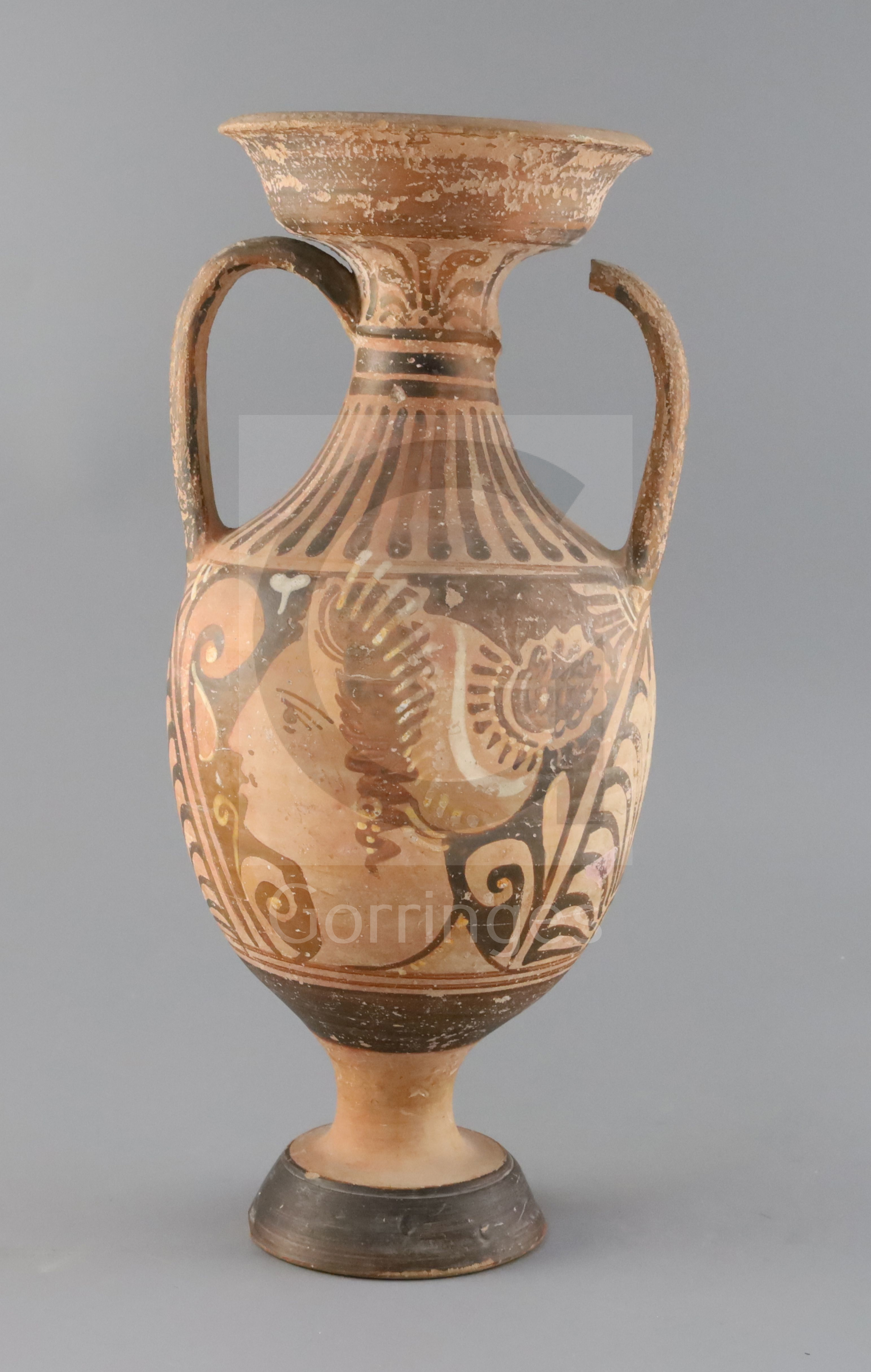 An Apulian red-figure pottery amphora, Southern Italy, 4th century B.C., part of one handle lacking - Image 2 of 2