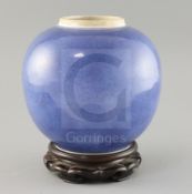 A Chinese powder blue globular jar, Kangxi period, with double line circles to the base, H. 19cm,