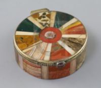 A 19th century continental silver gilt and multi hardstone segmented circular snuff box and cover,