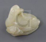 A Chinese white jade figure a duck, 19th century, seated on a lotus leaf with flower and biting a