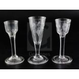 Three drinking glasses, c.1735-40, comprising two cordial glasses, one engraved with a flower, and