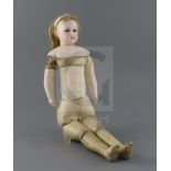 A fine rare Jumeau Poupee Peau fashion doll, with portrait face, pale bisque, unmarked, kid body,