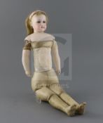 A fine rare Jumeau Poupee Peau fashion doll, with portrait face, pale bisque, unmarked, kid body,