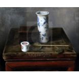 Wang Weidong (Chinese, b.1963)oil on canvasStill life with vase and antique scalesigned, Odon Wagner