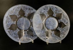A pair of Lalique 'Vases' plates, reverse-moulded with blue-stained decoration, VDA and France