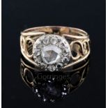 A Georgian gold, silver and rose cut diamond set cluster dress ring, with reeded and pierced