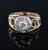 A Georgian gold, silver and rose cut diamond set cluster dress ring, with reeded and pierced