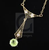 A pierced gold, diamond and peridot set drop pendant necklace, pendant section 42mm.