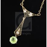 A pierced gold, diamond and peridot set drop pendant necklace, pendant section 42mm.