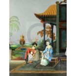 A Chinese reverse painted mirror, 19th century, decorated with figures in a pavilion garden,