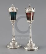 A pair of George V novelty silver club lighters modelled as street lamps, by Grey & Co, with green