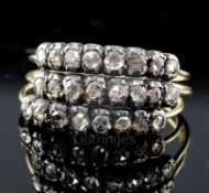 A 19th century gold and rose cut diamond set triple shank half hoop ring, each shank set with