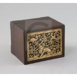A Chinese ivory and rosewood seal box, Qing dynasty, the ivory inset panel carved and pierced with a