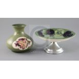 A Moorcroft sage green ground 'pomegranate' vase and a similar 'pansy' dish, c.1918, the vase of