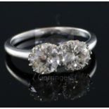 An 18ct white gold and two stone diamond ring, each stone weighing approximately 1.00ct, size P/Q.