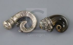 A 19th century silver and citrine mounted horn vinaigrette mull and one other silver mull,