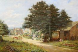 John Bonny (1875-1948)pair of oils on canvasVillage street with a wheelwrights and Cornfield after