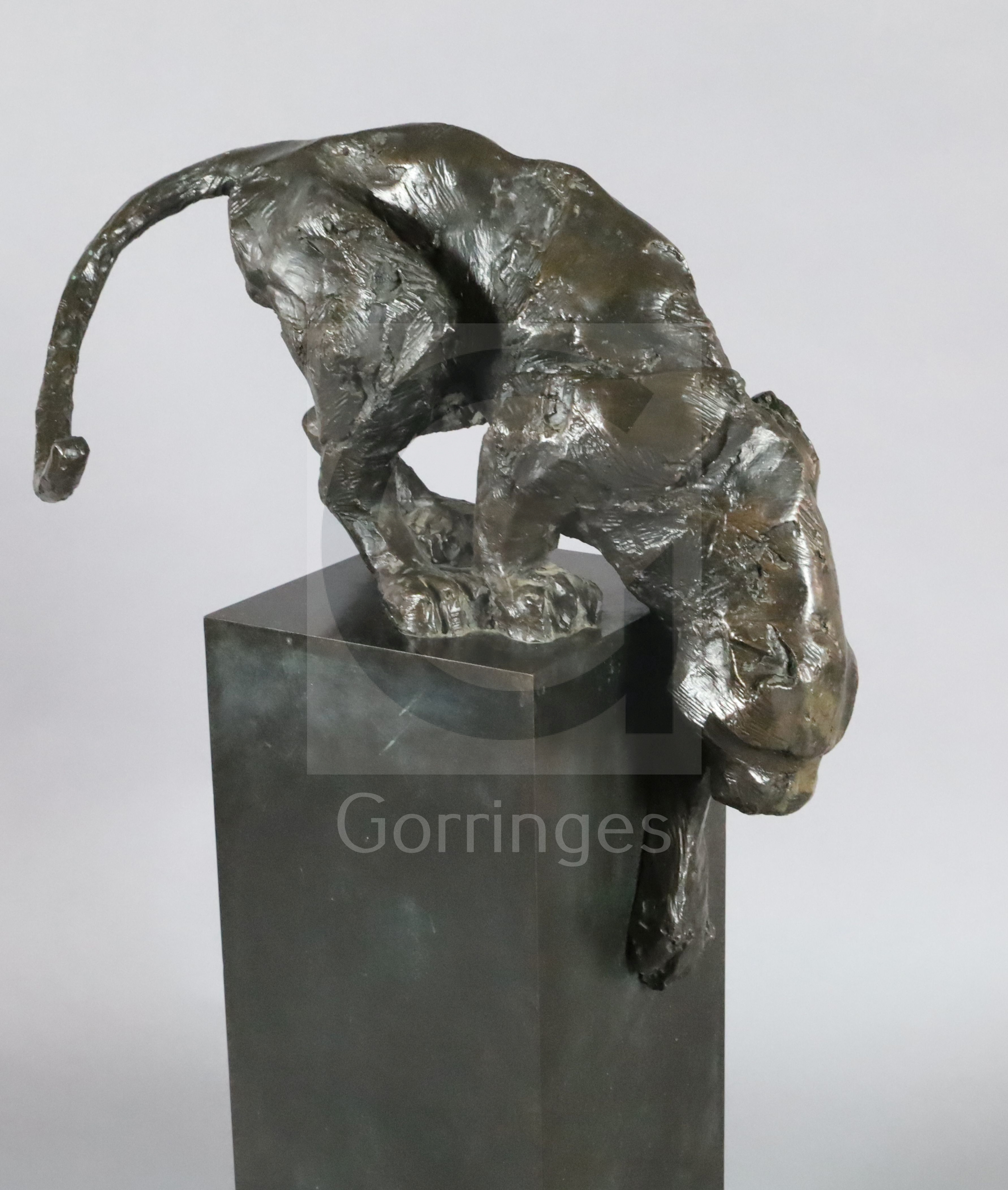 § Kate Denton (British b.1954). A patinated bronze group, 'Panther', on square bronze pillar, H.35. - Image 2 of 3