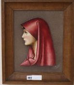 After Henner, St Fabiola, enamel on ceramic, Profile of a woman wearing a headscarf, indistinctly