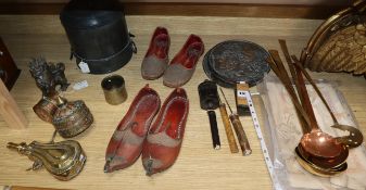 A brass flask, Turkish slippers, a brass pot, a Chinese food container, a brass spoons, Chinese