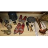 A brass flask, Turkish slippers, a brass pot, a Chinese food container, a brass spoons, Chinese