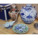 A Japanese blue and white jar, Imari vase and cover with a Cantonese dish and blue and white