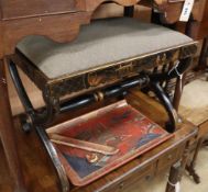 A 1920's chinoiserie lacquer X-frame stool and a lacquer tray