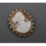 A yellow metal mounted oval cameo pendant brooch, the cameo carved with Diana to sinister, 42mm.