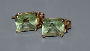 A pair of yellow metal and green paste set earrings, 22mm.