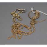 A yellow metal (tests as 14ct) rope-twist neck chain, a 9ct gold fine chain (a.f) and a 9ct gold