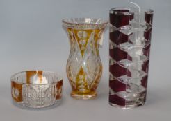 A French ruby overlay faceted glass vase, stamped 'France' to base and two other items, a yellow