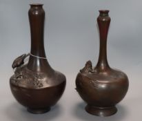 Two Japanese Meiji period bronze vases, cast with a bird and an emerging frog, the bird vase with