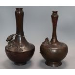 Two Japanese Meiji period bronze vases, cast with a bird and an emerging frog, the bird vase with