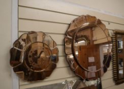 A peach glass Art Deco wall mirror and matching clock Mirror 66cm diameter