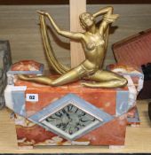 A French Art Deco spelter and marble figural clock garniture clock height 41cm