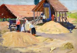 V. Sporykhin (Russian) oil on canvasboard, Harvest scene, signed, 33 x 49cm